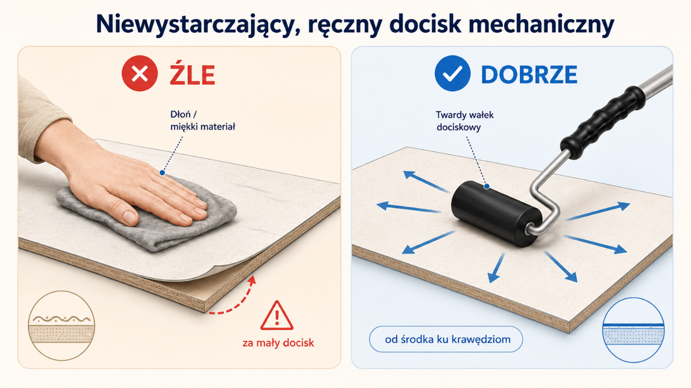 Prawidłowy docisk laminatu HPL wałkiem dociskowym od środka ku krawędziom